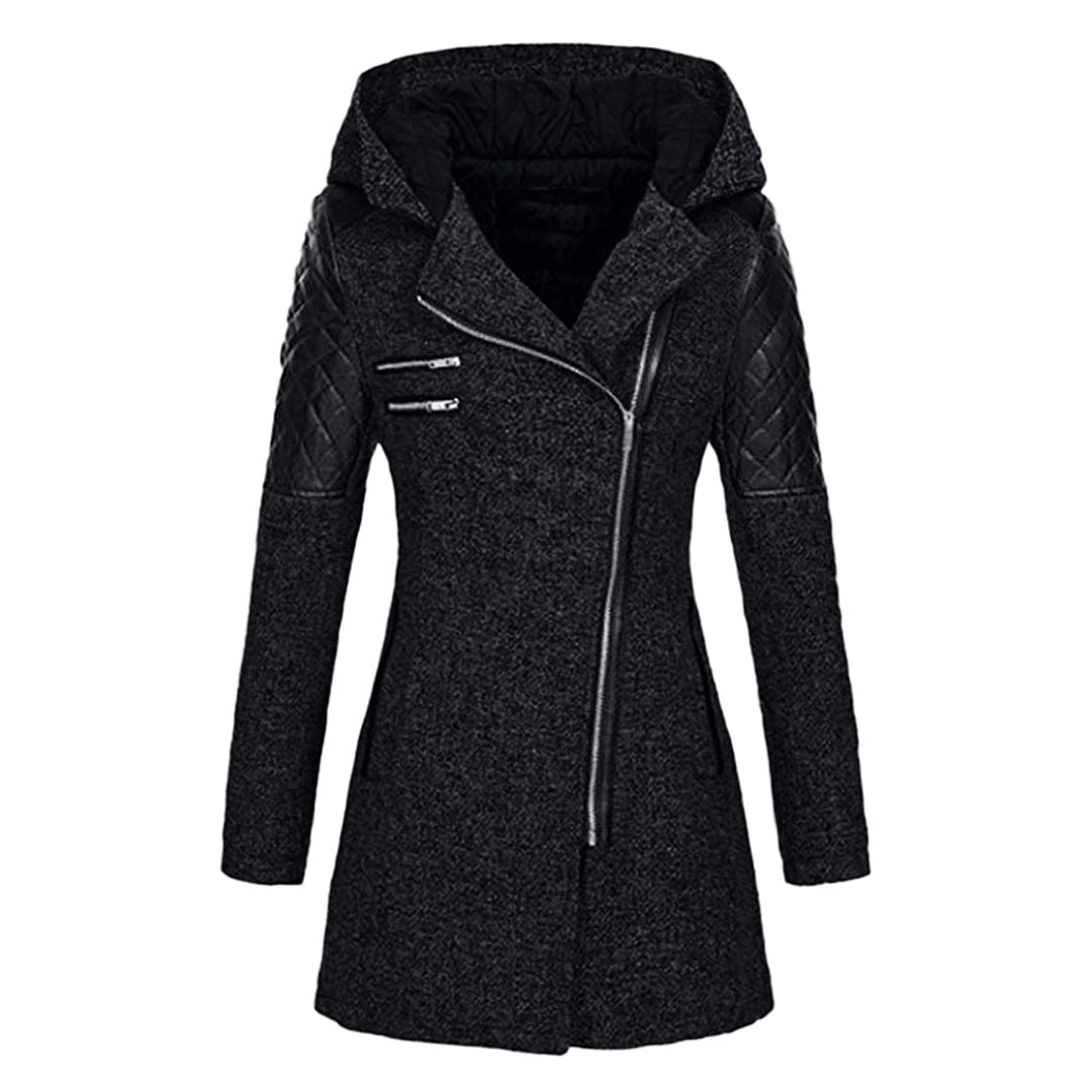 Rosamund hooded winter coat with asymmetric zip, front view