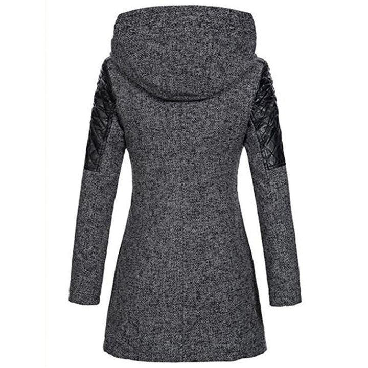 Rosamund hooded winter coat, back view in grey