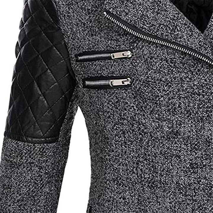 Rosamund winter coat close-up of quilted sleeve panel and zip pockets