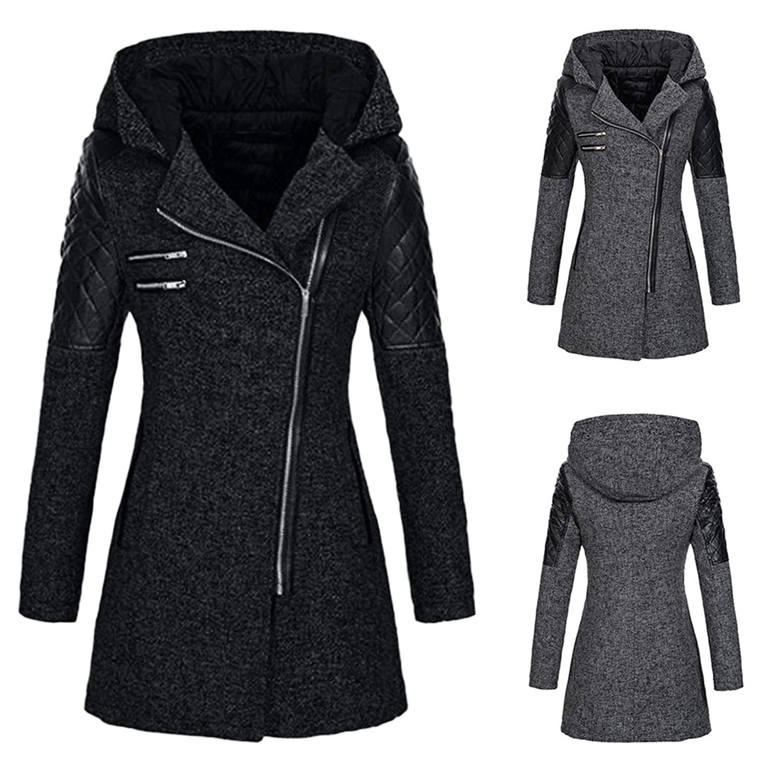 Rosamund winter coat close-up of quilted sleeve panel and zip pockets