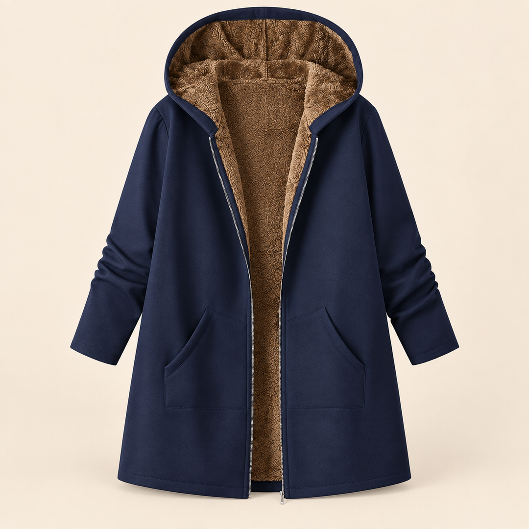 Rosalind navy hooded coat with sherpa lining, front view open
