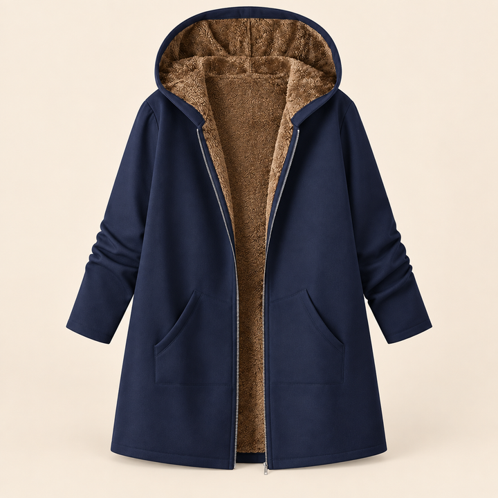 Rosalind navy hooded coat with sherpa lining, front view open