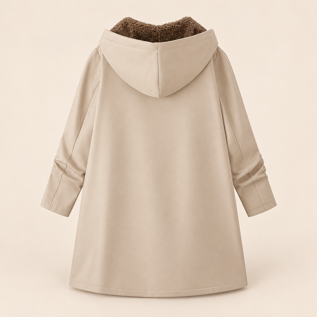 Rosalind black hooded coat with sherpa lining, front view open