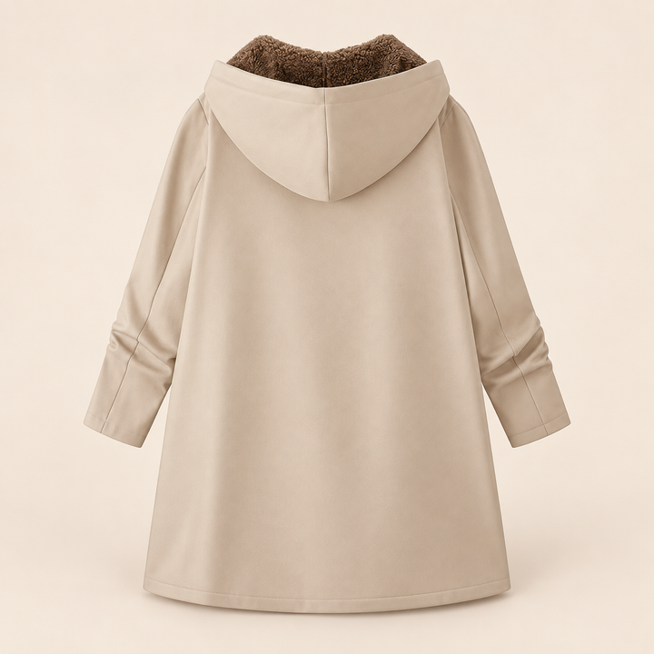 Rosalind black hooded coat with sherpa lining, front view open