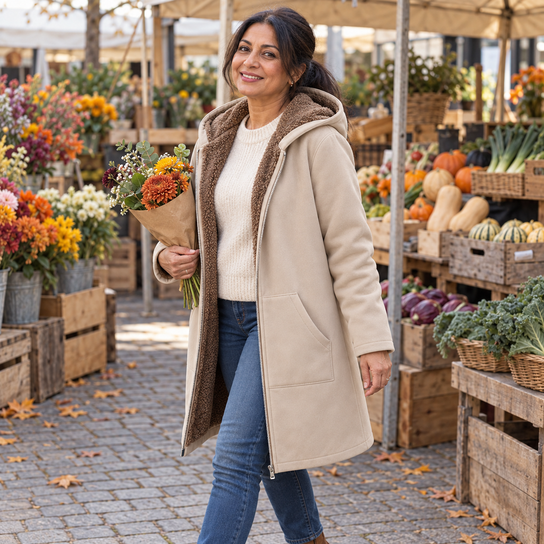 Rosalind black hooded coat with sherpa lining, front view open