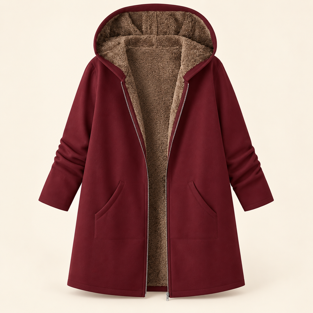 Rosalind black hooded coat with sherpa lining, front view open