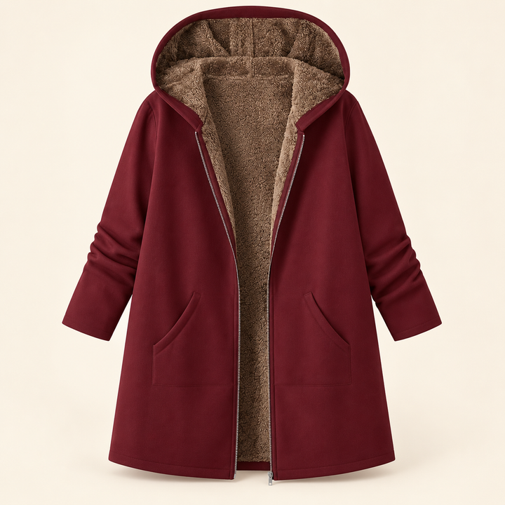 Rosalind black hooded coat with sherpa lining, front view open