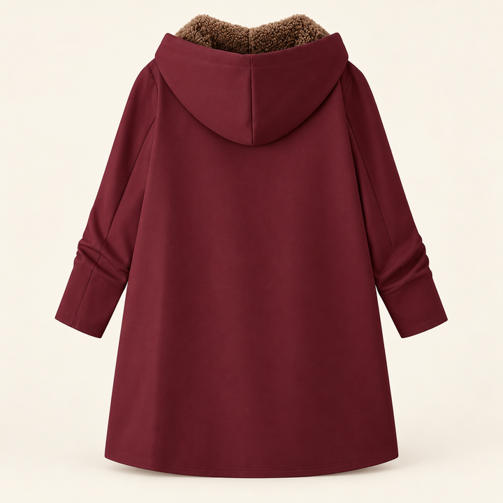 Rosalind black hooded coat with sherpa lining, front view open