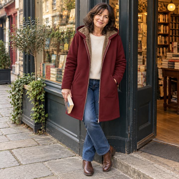 Rosalind black hooded coat with sherpa lining, front view open
