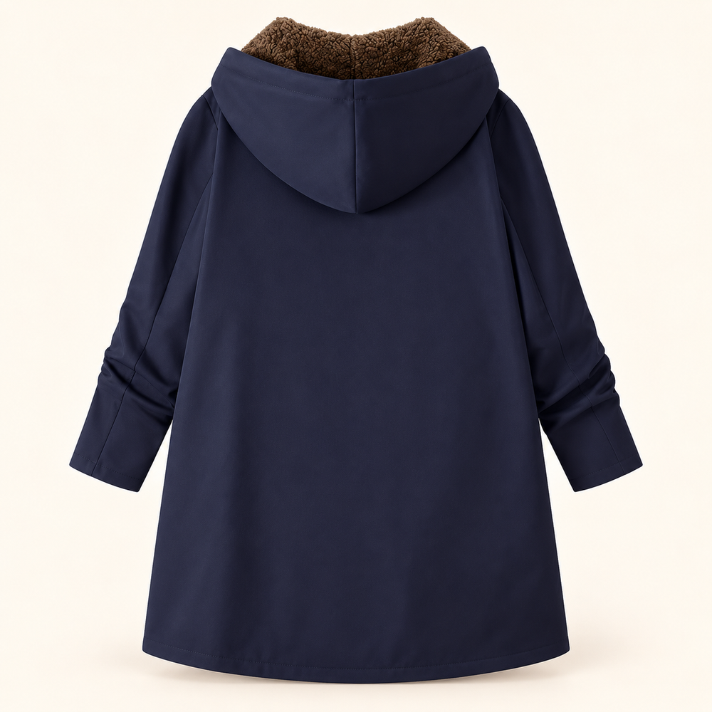 Rosalind navy hooded coat, back view