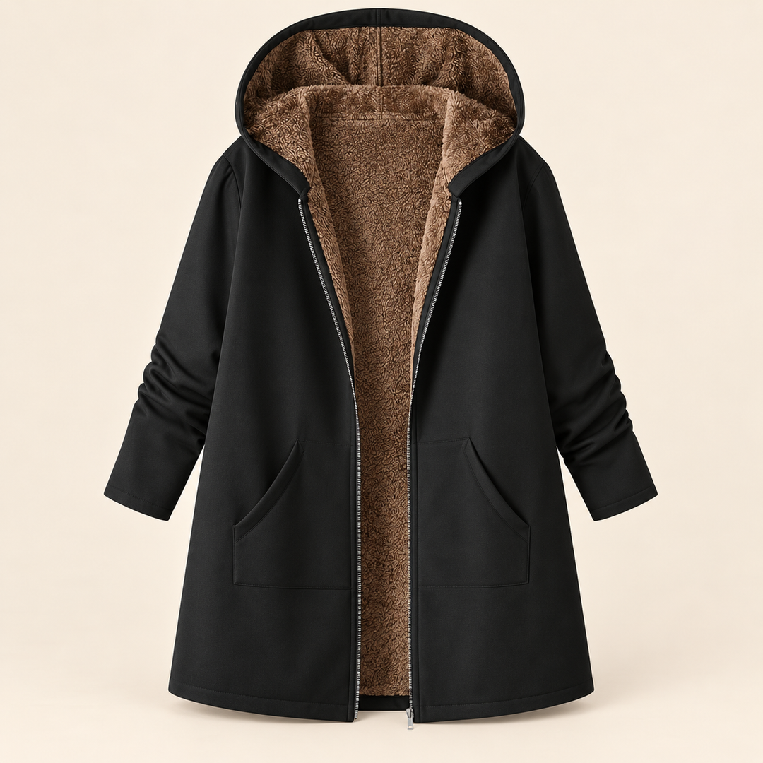 Rosalind black hooded coat with sherpa lining, front view open