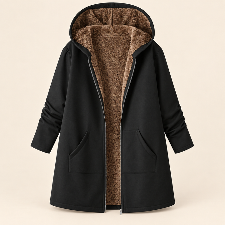 Rosalind black hooded coat with sherpa lining, front view open