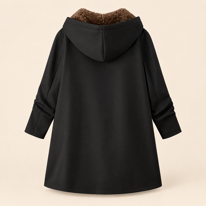 Rosalind black hooded coat with sherpa lining, front view open
