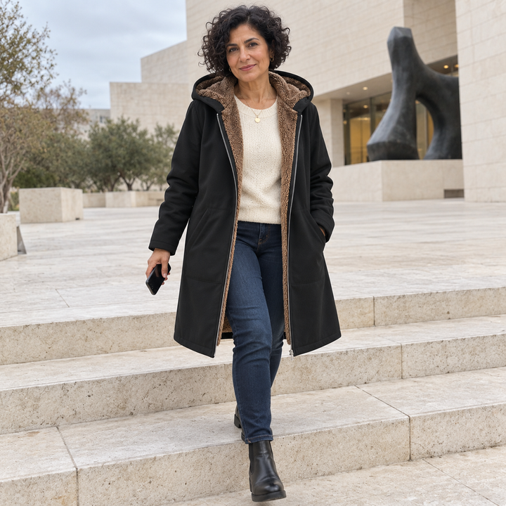 Rosalind black hooded coat with sherpa lining, front view open
