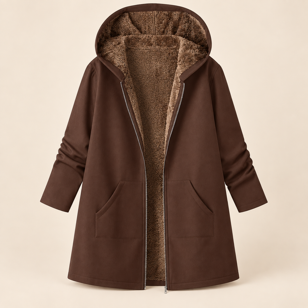 Rosalind black hooded coat with sherpa lining, front view open