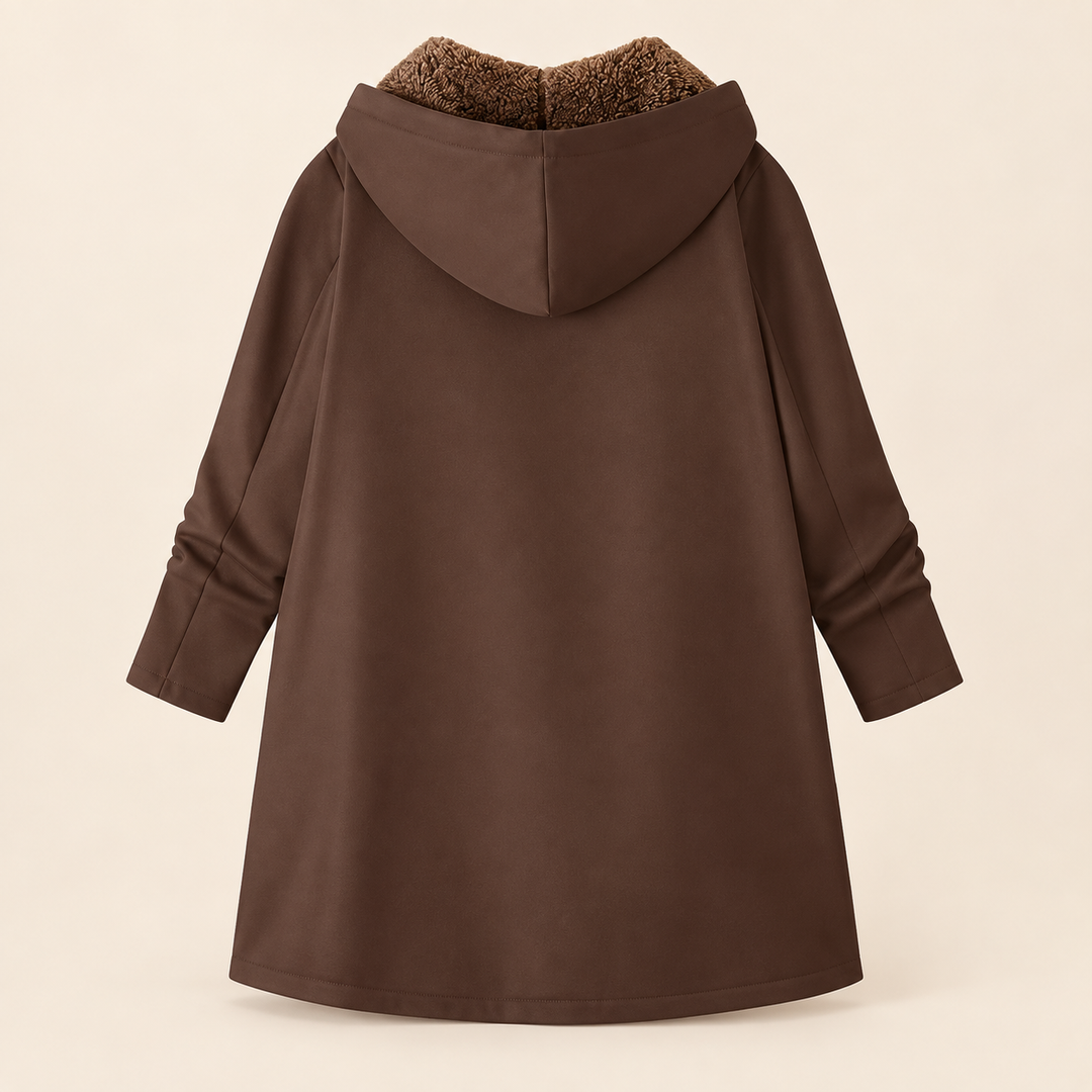 Rosalind black hooded coat with sherpa lining, front view open