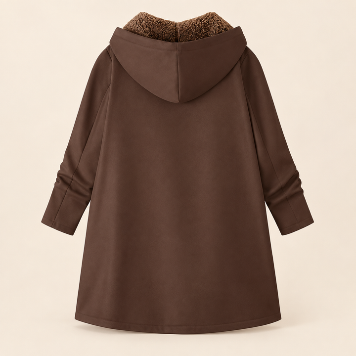 Rosalind black hooded coat with sherpa lining, front view open