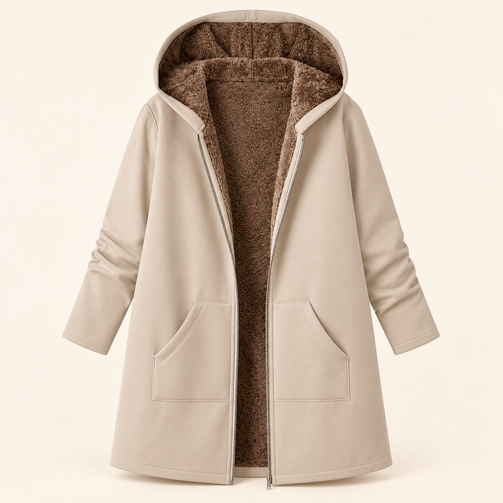 Rosalind black hooded coat with sherpa lining, front view open