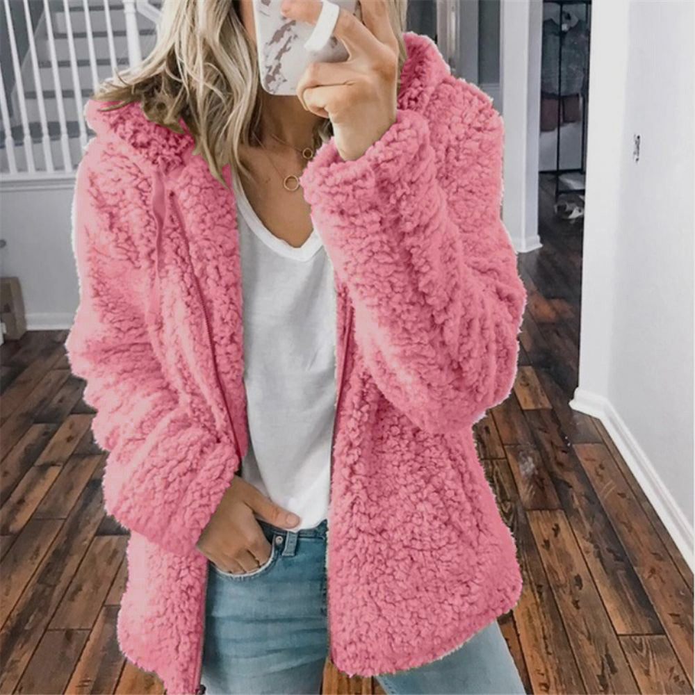 Pauline hooded sherpa zip jacket in pink, front view on model