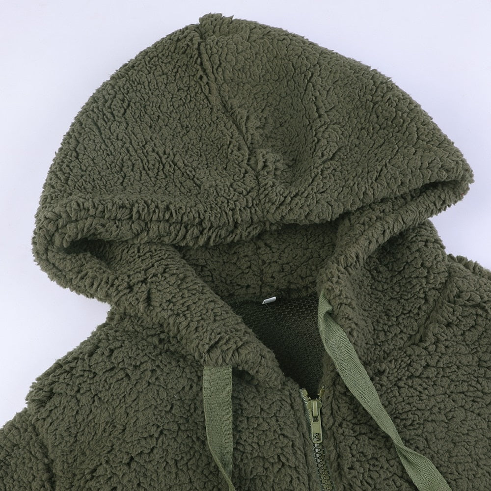 Pauline hooded sherpa jacket in green, hood and zipper detail close-up