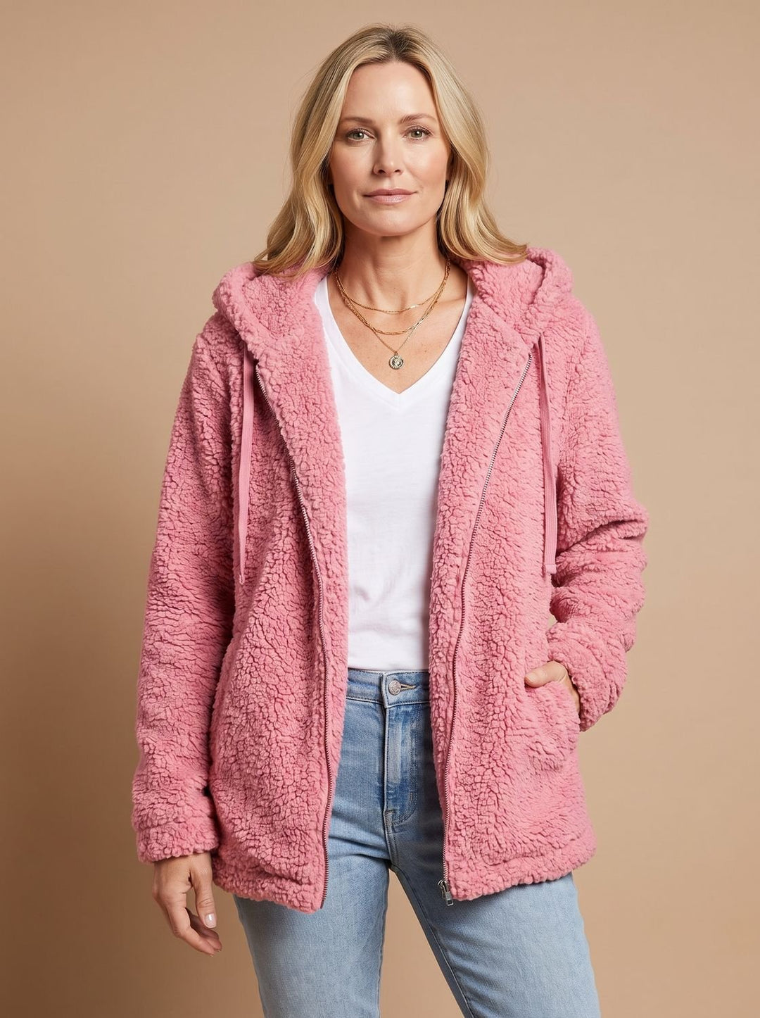 Rosalie hooded teddy fleece jacket in pink, front view with hood up