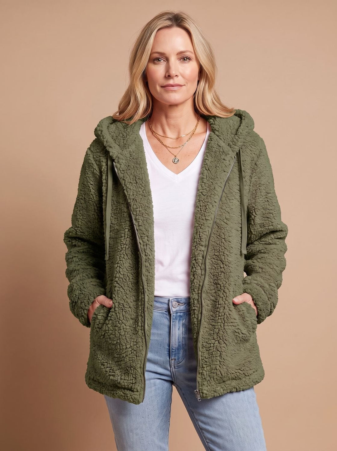 Rosalie hooded teddy fleece jacket in beige, front view with hands in pockets