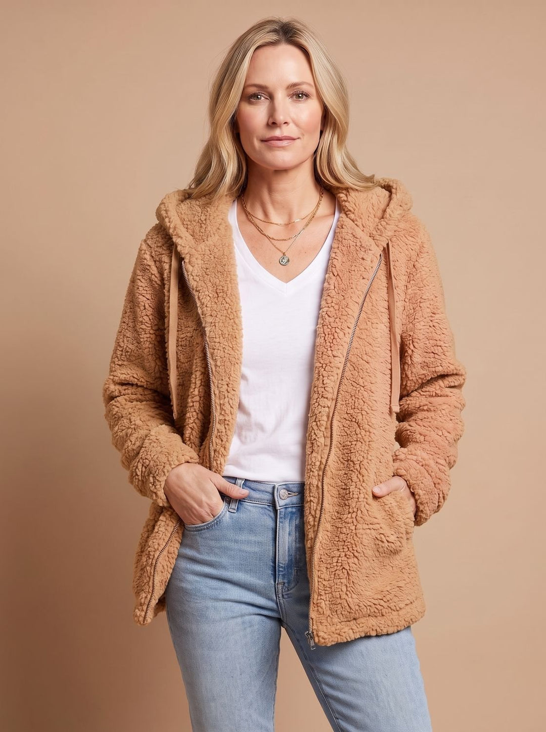 Rosalie hooded teddy fleece jacket in beige, front view with hands in pockets