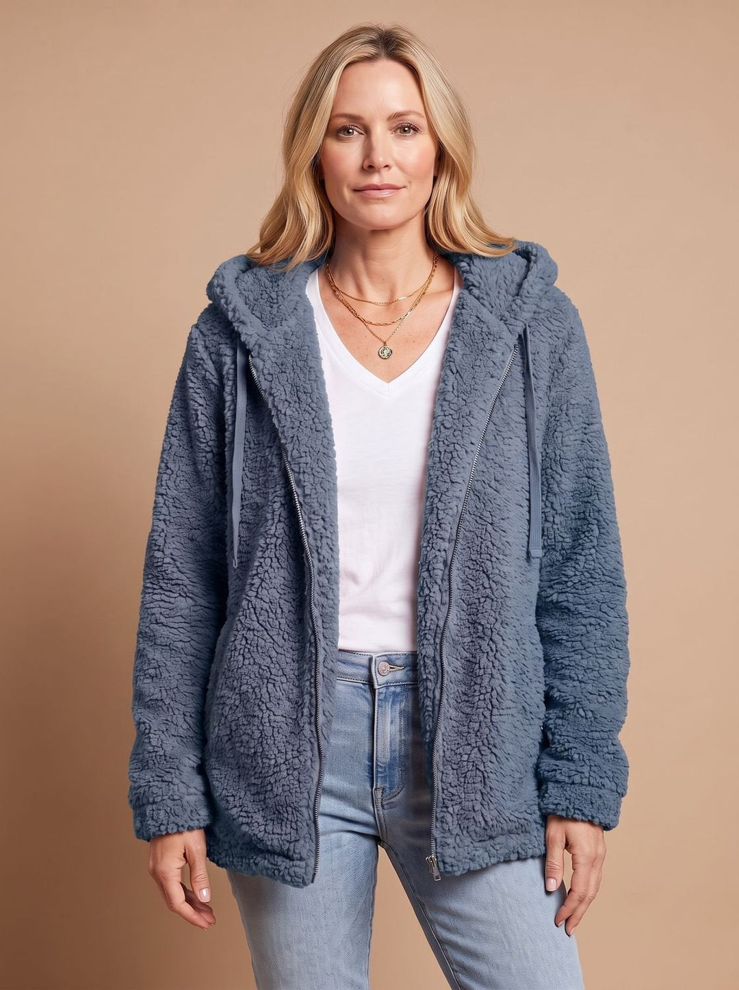 Rosalie hooded teddy fleece jacket in beige, front view with hands in pockets