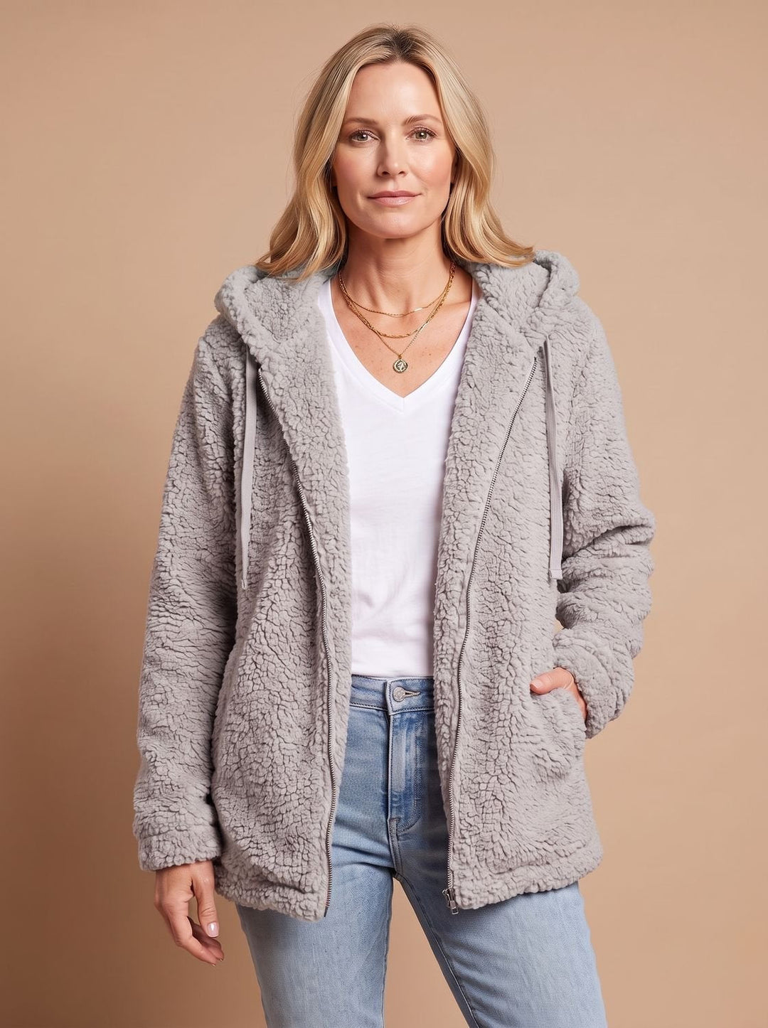 Rosalie hooded teddy fleece jacket in beige, front view with hands in pockets