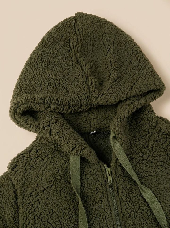 Rosalie hooded teddy fleece jacket in beige, front view with hands in pockets