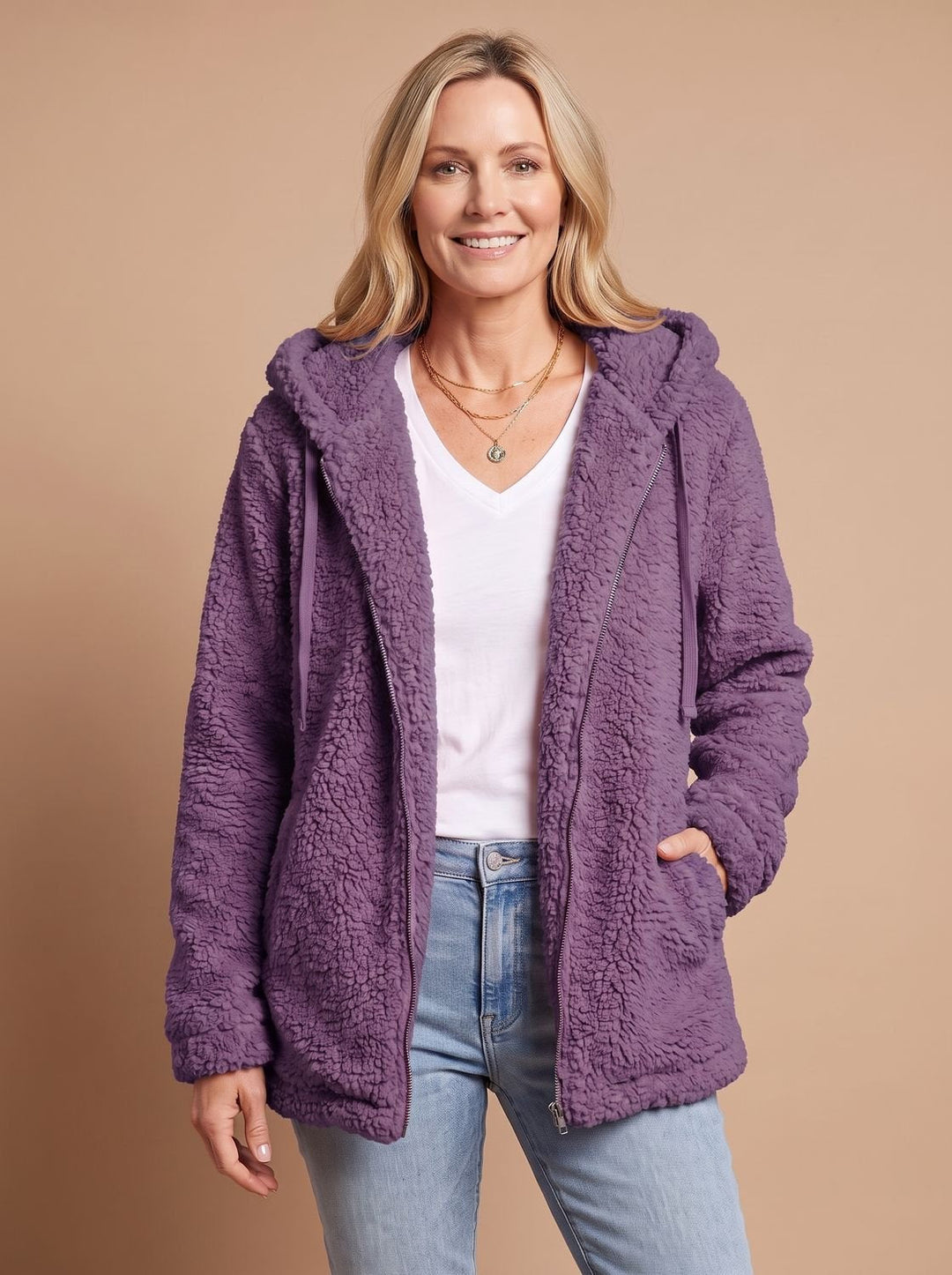 Rosalie hooded teddy fleece jacket in purple, open front styling