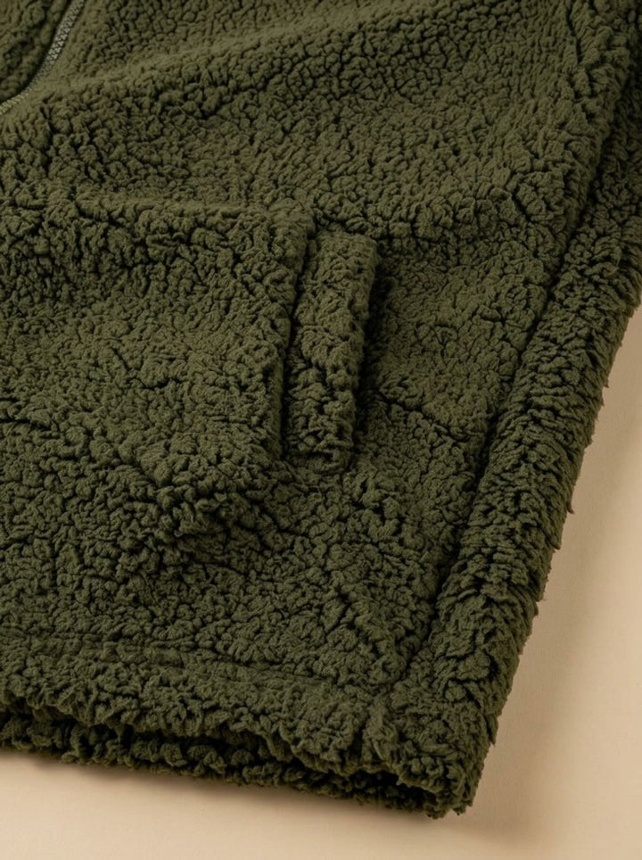 Rosalie hooded teddy fleece jacket in beige, front view with hands in pockets