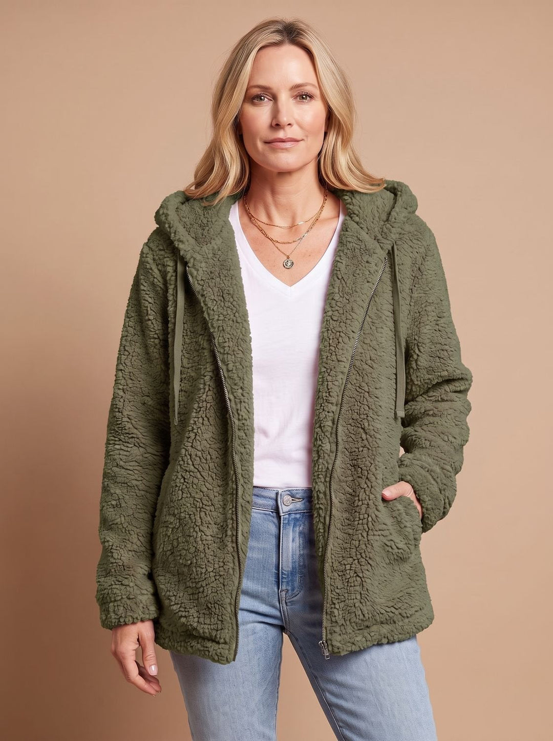 Rosalie hooded teddy fleece jacket in beige, front view with hands in pockets
