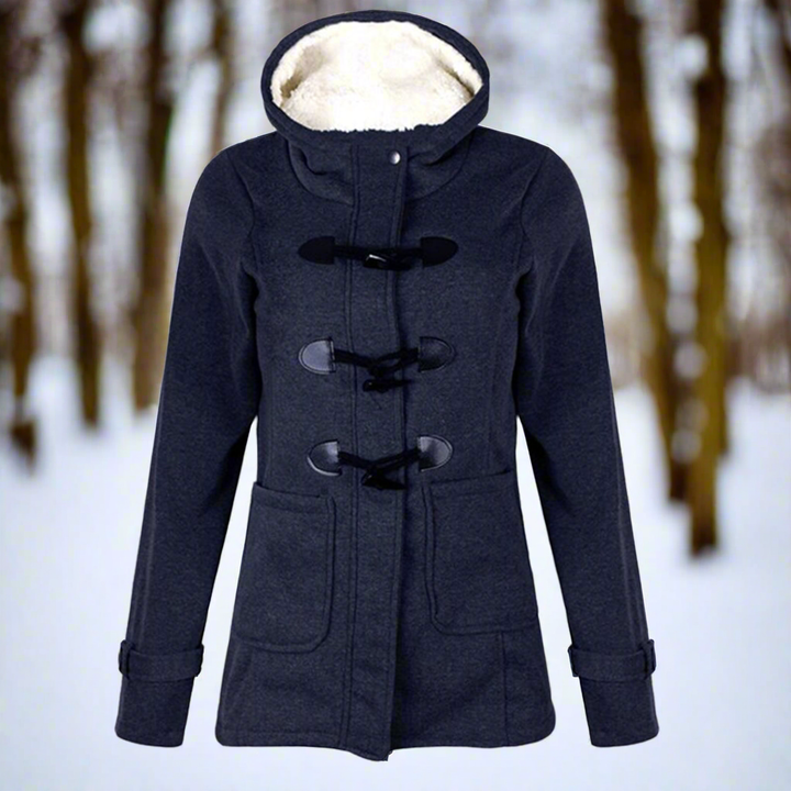 Isolde hooded toggle winter jacket in dark gray, front view with fleece-lined hood