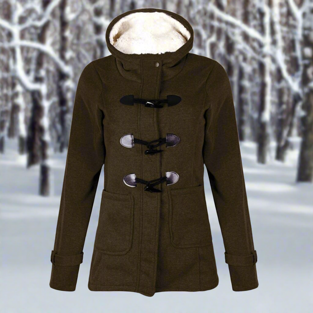 Isolde hooded toggle winter jacket in light gray, front view with front pockets