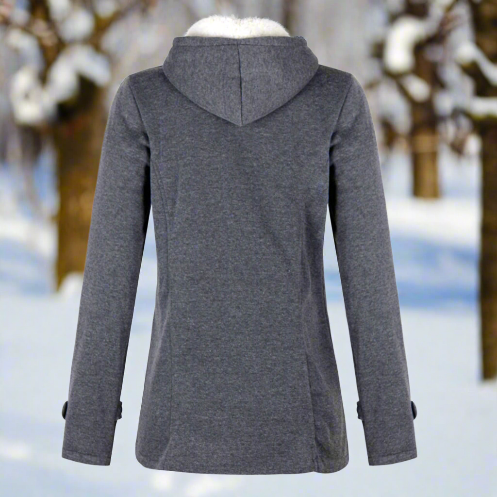 Isolde hooded winter jacket in heather gray, back view showing hood and silhouette