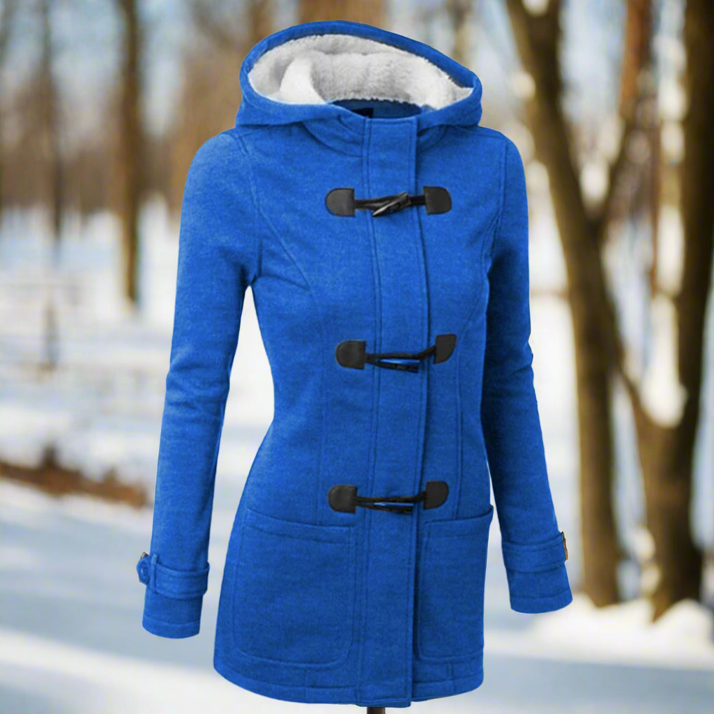 Isolde hooded toggle winter jacket in blue, front view with toggle closures