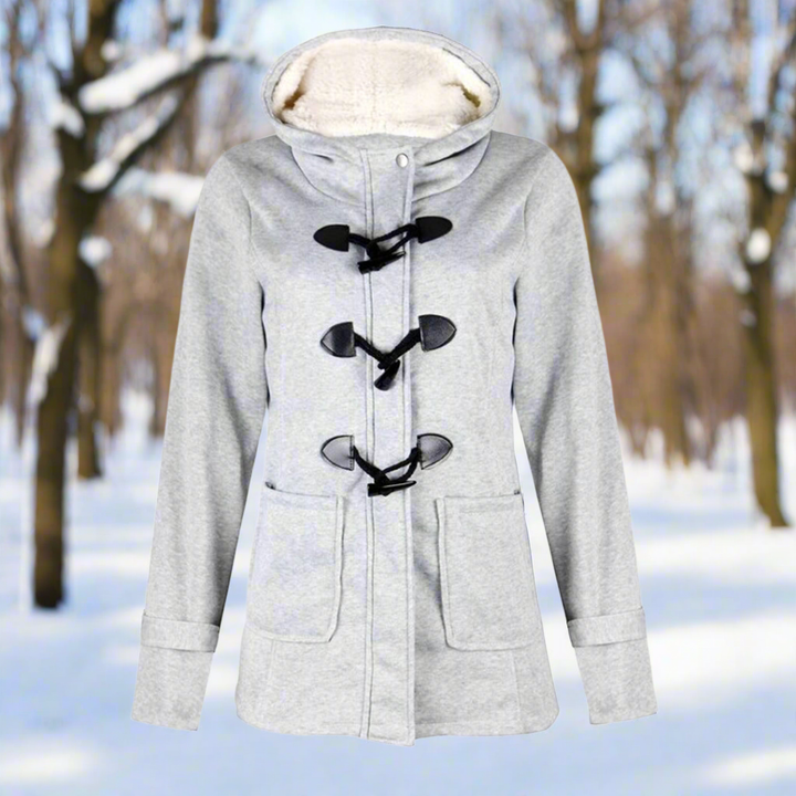 Isolde hooded toggle winter jacket in light gray, front view with front pockets