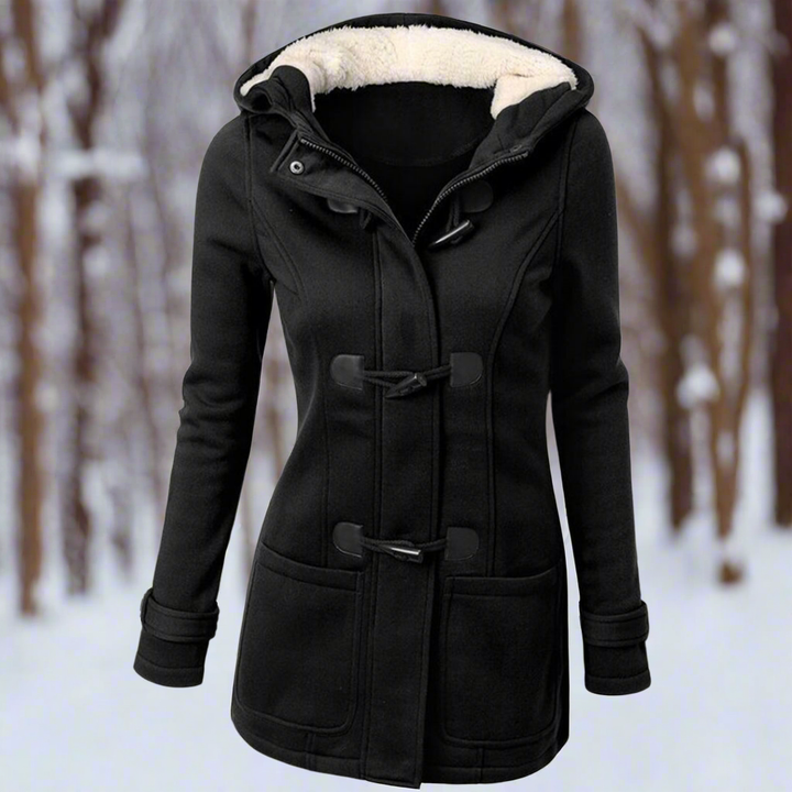 Isolde hooded toggle winter jacket in light gray, front view with front pockets