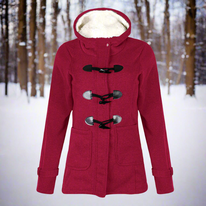 Isolde hooded toggle winter jacket in light gray, front view with front pockets
