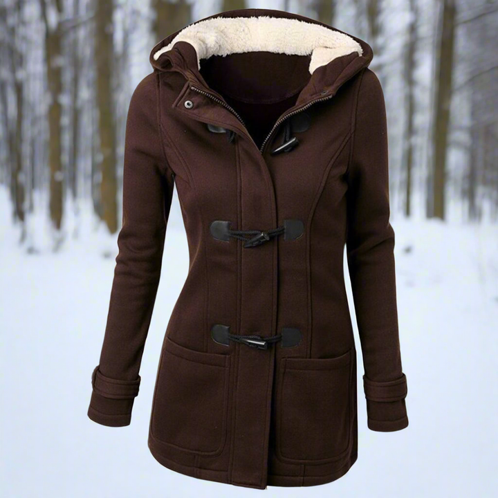 Isolde hooded toggle winter jacket in light gray, front view with front pockets