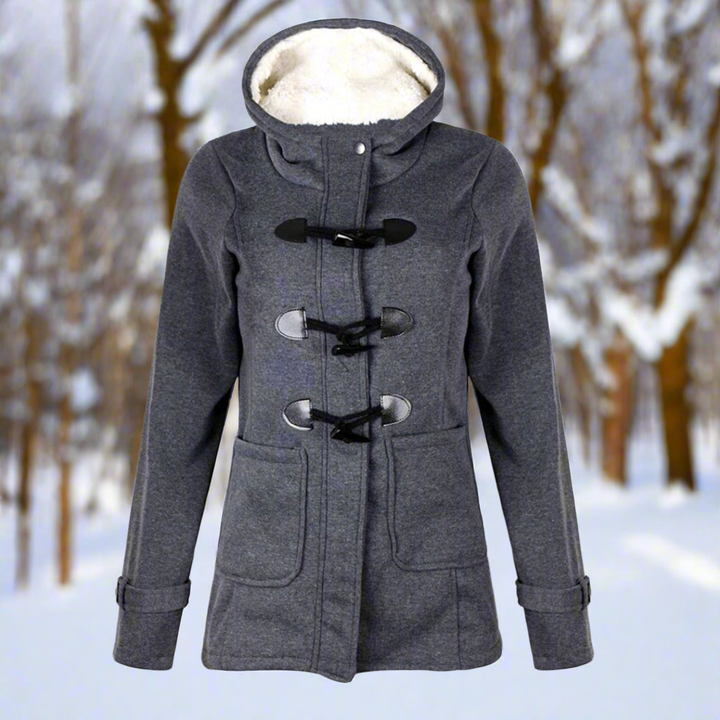 Isolde hooded toggle winter jacket in light gray, front view with front pockets