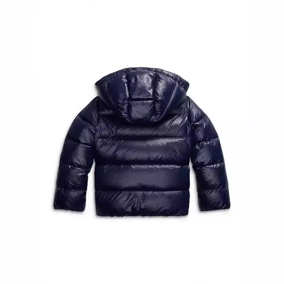 Fenwick hooded puffer jacket in navy, back view