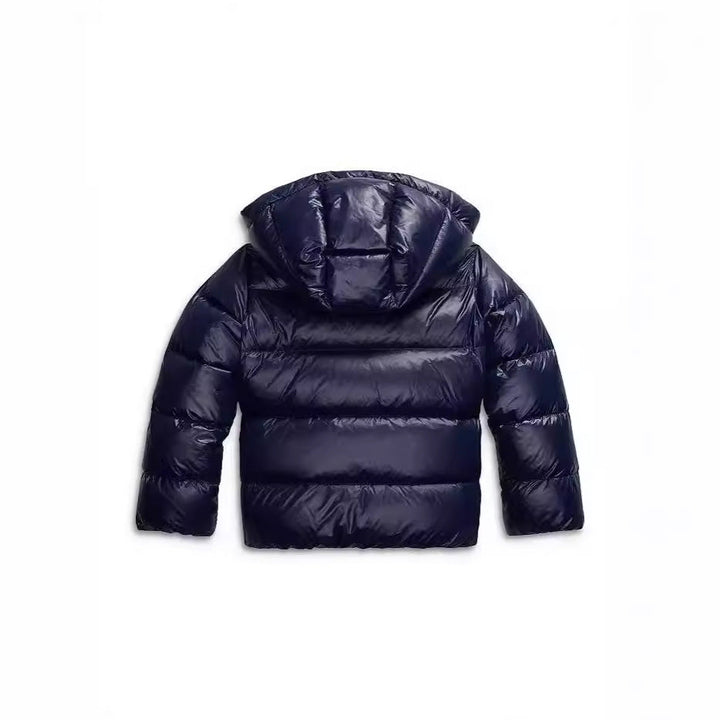 Fenwick hooded puffer jacket in navy, back view