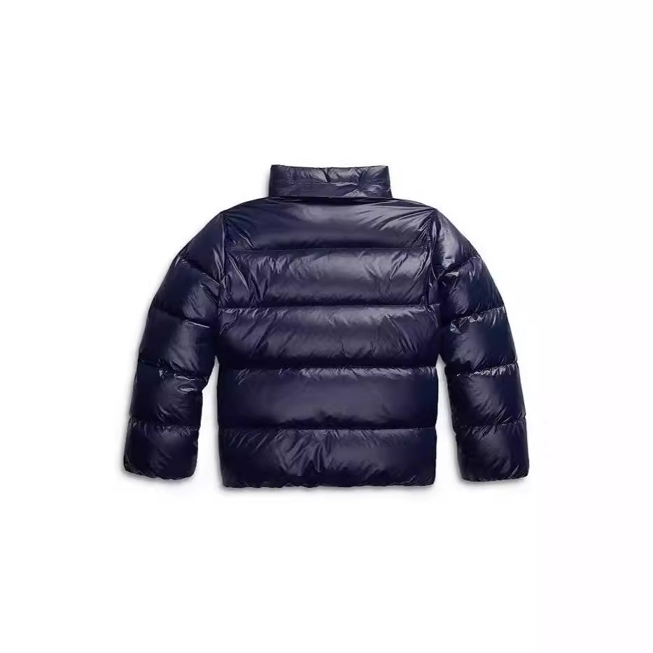 Fenwick hooded puffer jacket in navy, back view close-up