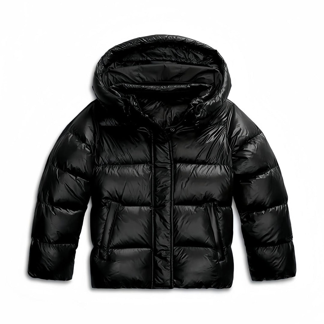 Fenwick hooded windproof puffer jacket in black, front view