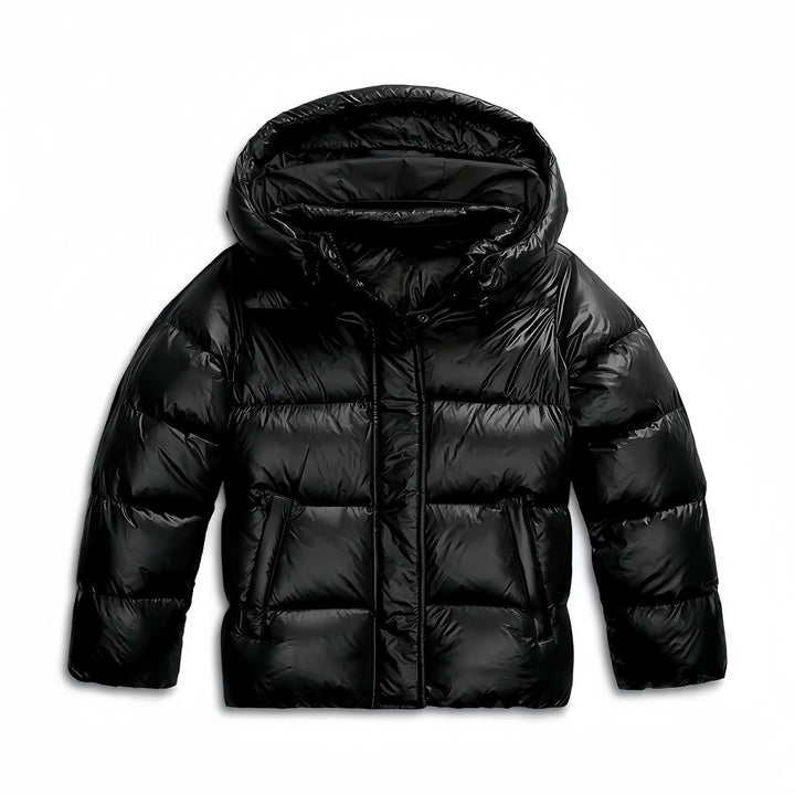 Fenwick hooded windproof puffer jacket in black, front view