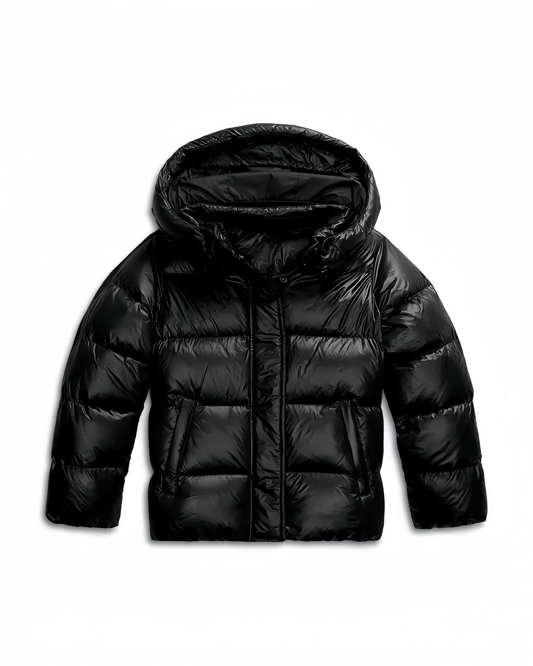 Fenwick hooded windproof puffer jacket in black, front view