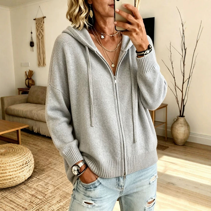 Marisela gray hooded zip-up chunky knit cardigan, front view