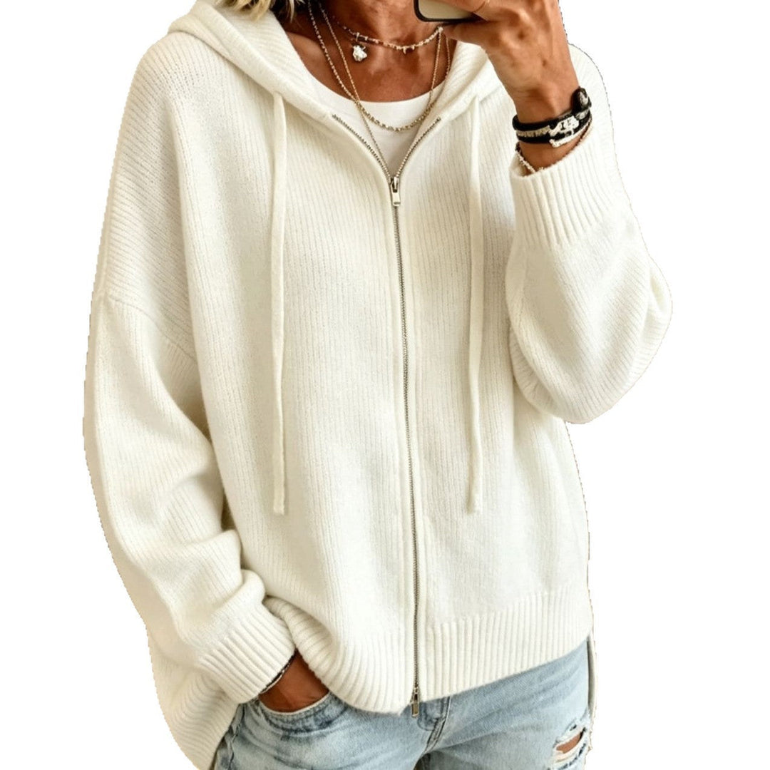 Marisela black hooded zip-up chunky knit cardigan, front view